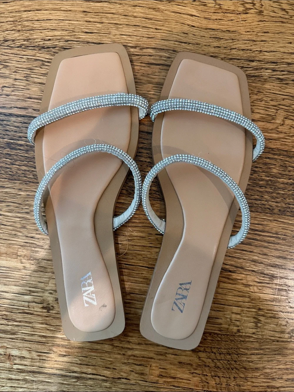 ZARA Tan Sandals with Rhinestone Double Straps - Picture 1 of 2